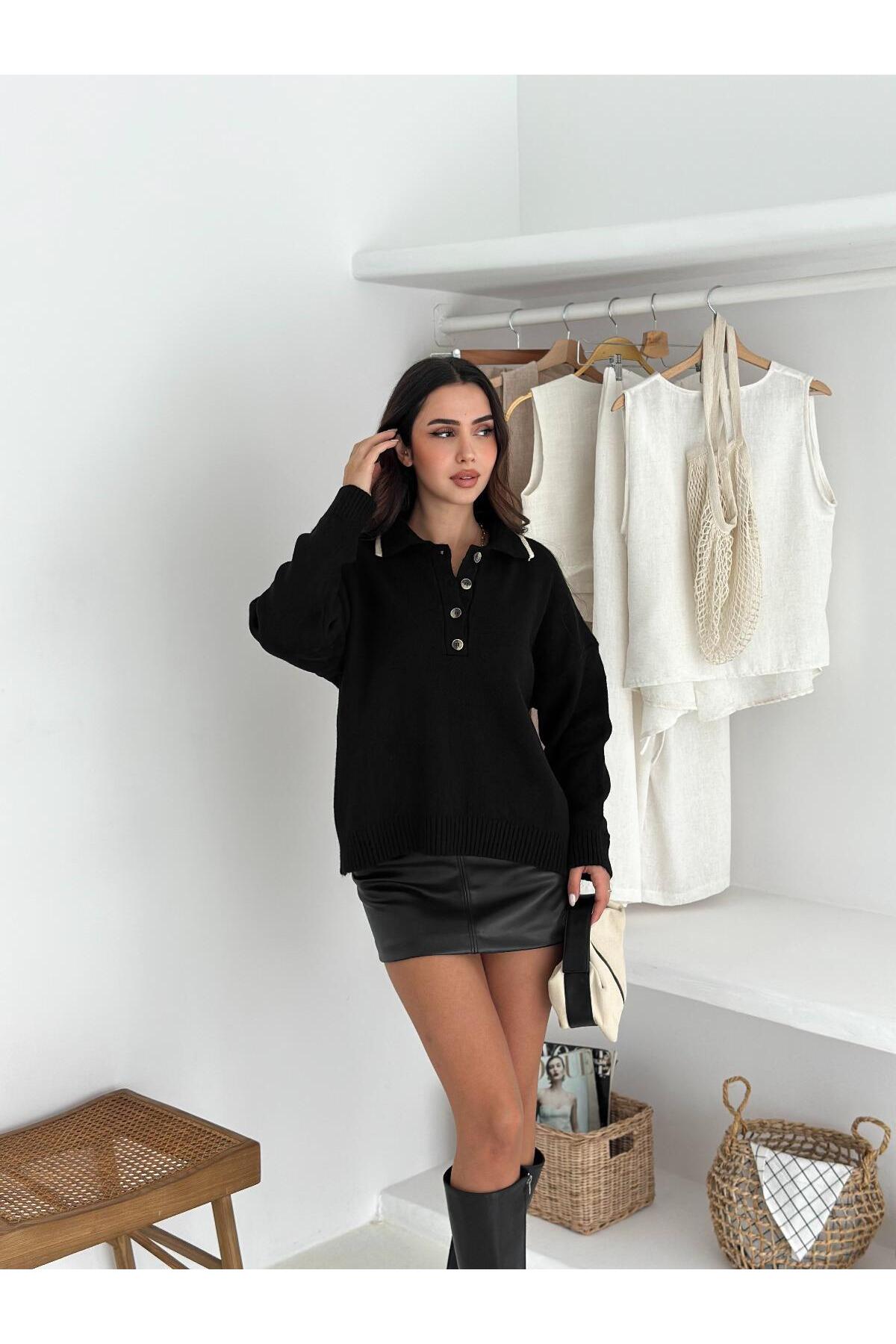 Soft Touch Buttoned Polo Neck Knit Sweater