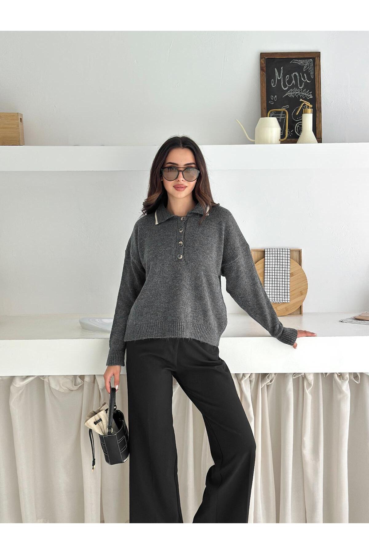 Soft Touch Buttoned Polo Neck Knit Sweater