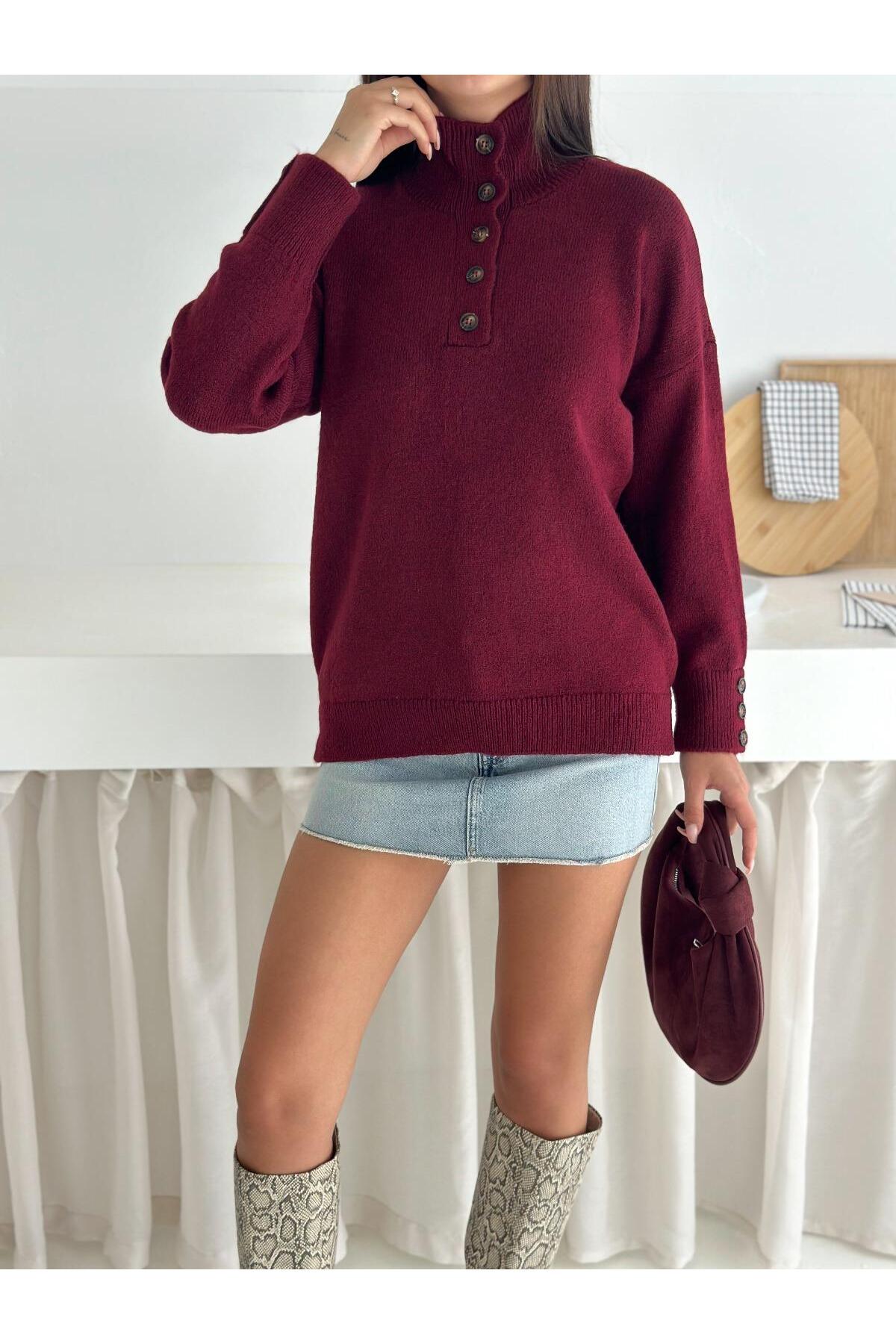 Half Placket Polo Neck Knit Sweater with Button Sleeve Detail