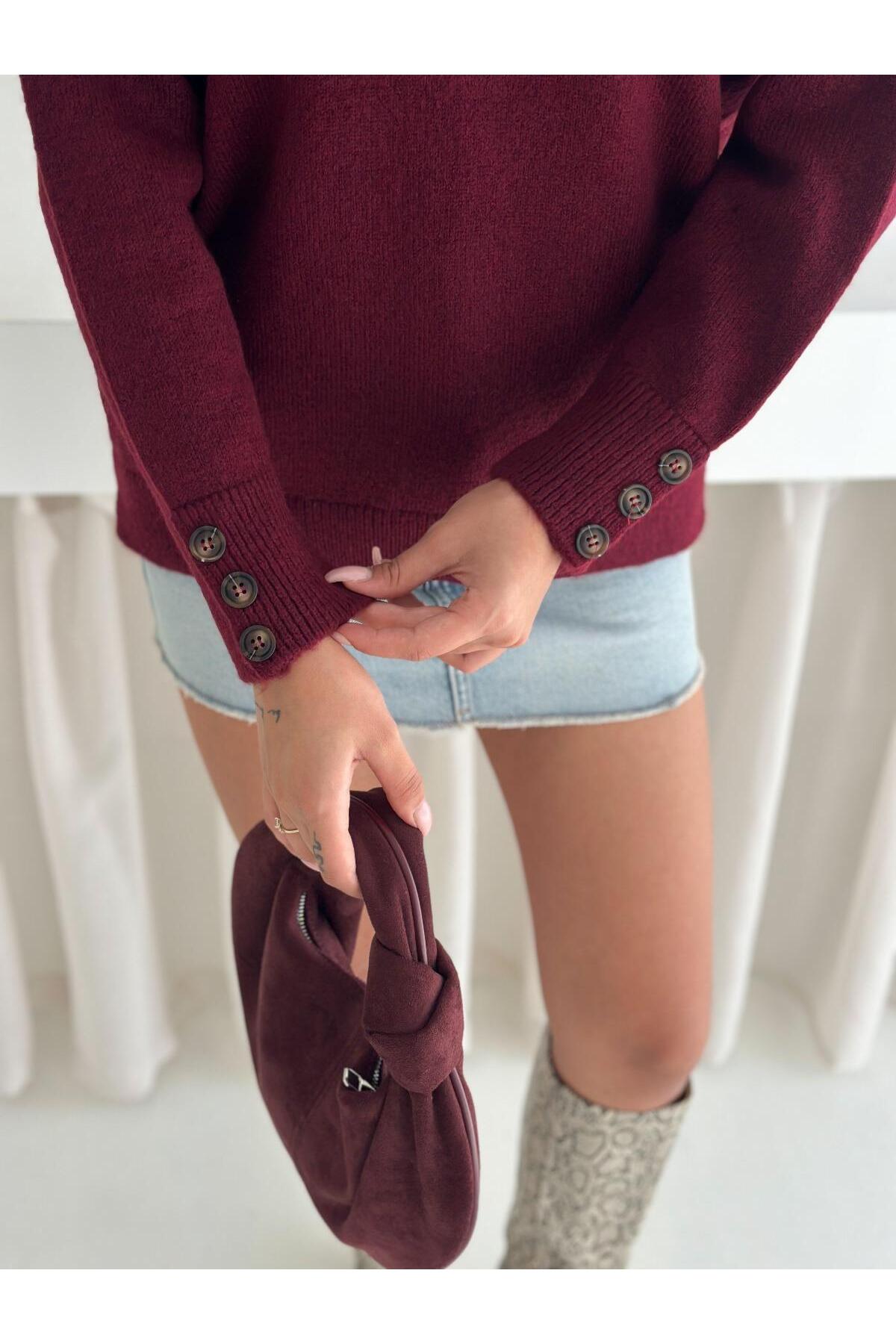 Half Placket Polo Neck Knit Sweater with Button Sleeve Detail