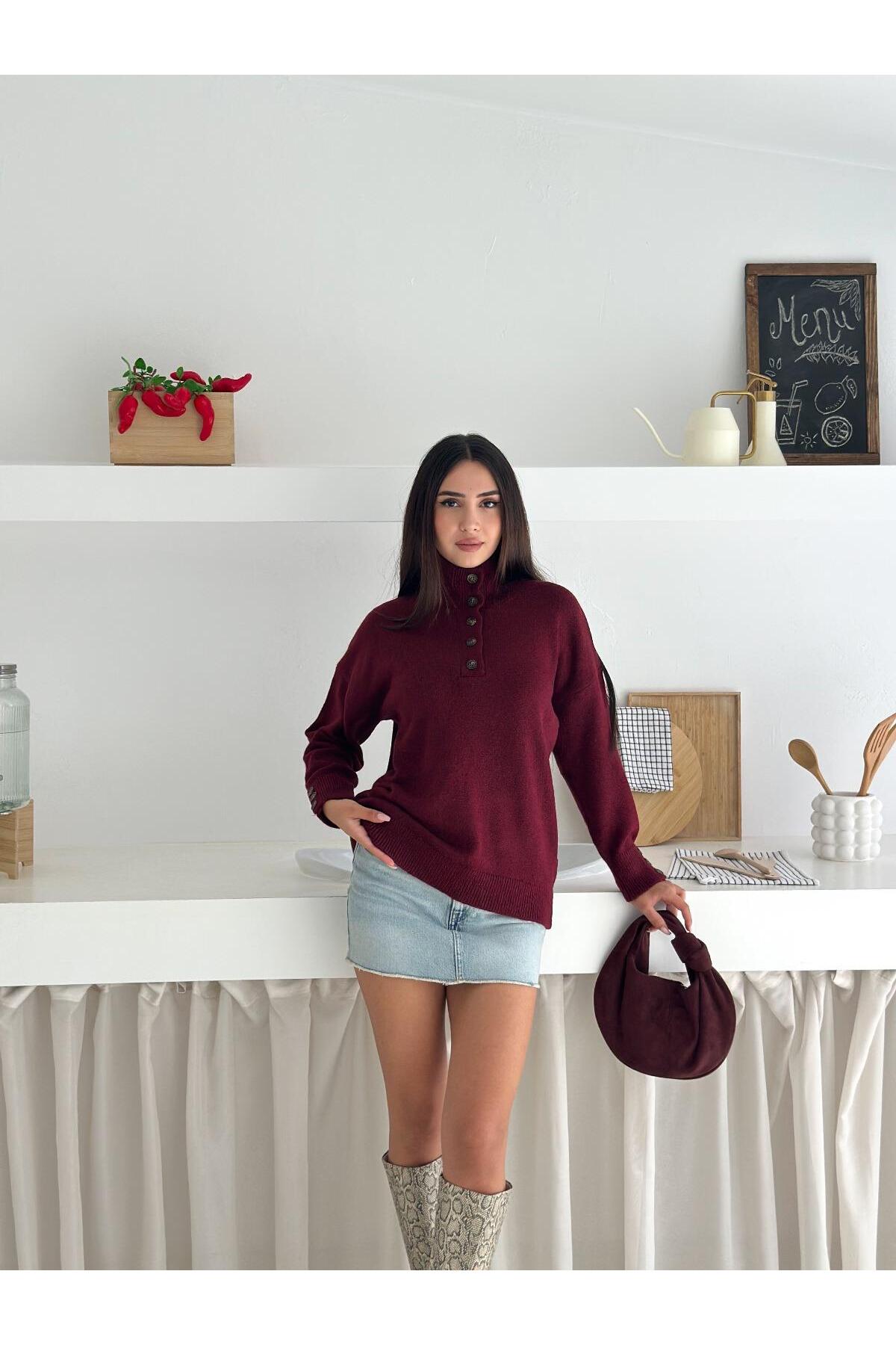 Half Placket Polo Neck Knit Sweater with Button Sleeve Detail