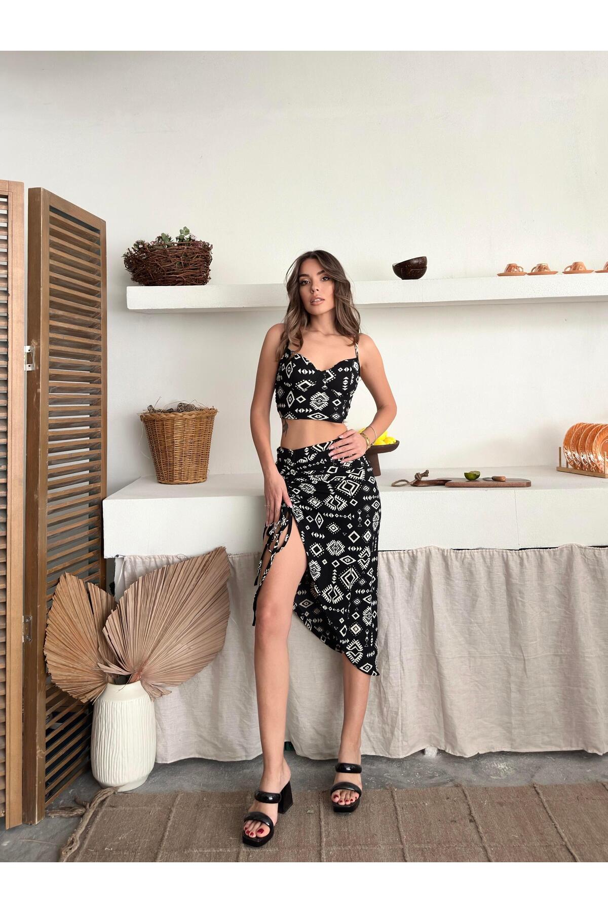 Black Ethnic Print Strappy Crop Top & Split Midi Skirt Set