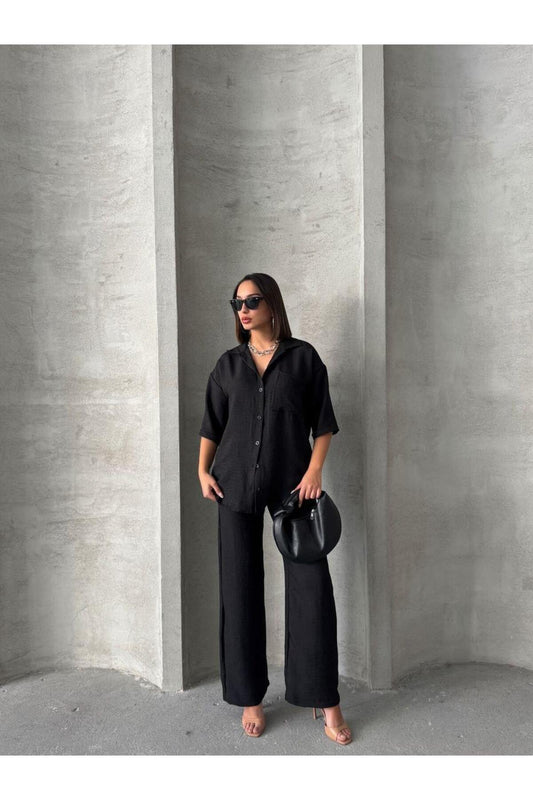 Black Linen-Look Oversize Shirt & Palazzo Pants Set