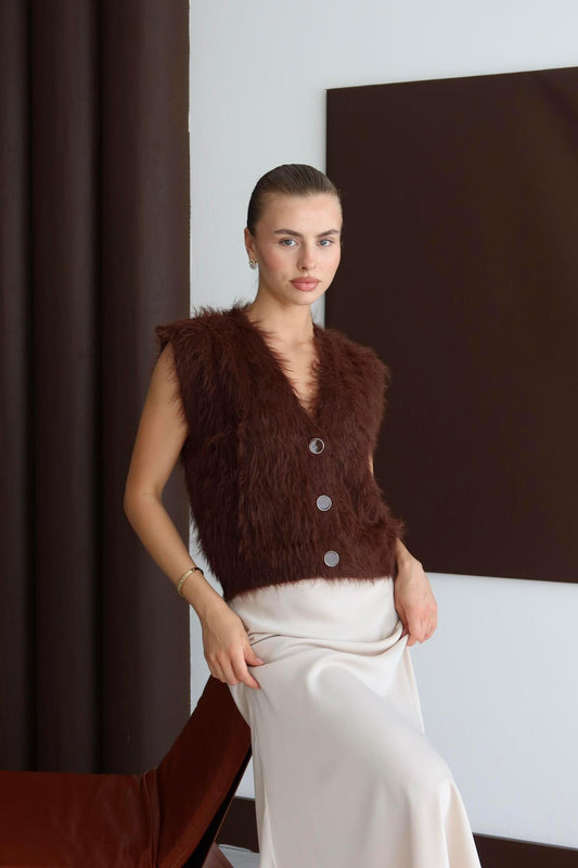 V-Neck Fuzzy Buttoned Knit Vest
