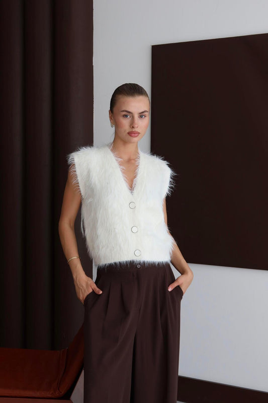 V-Neck Fuzzy Buttoned Knit Vest