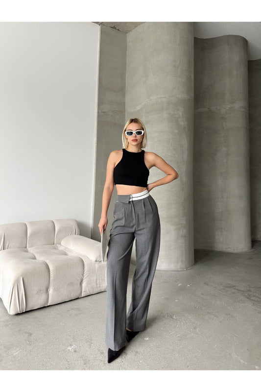Asymmetric Belt Wide Leg Poly-Viscose Trousers