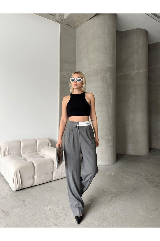 Asymmetric Belt Wide Leg Poly-Viscose Trousers