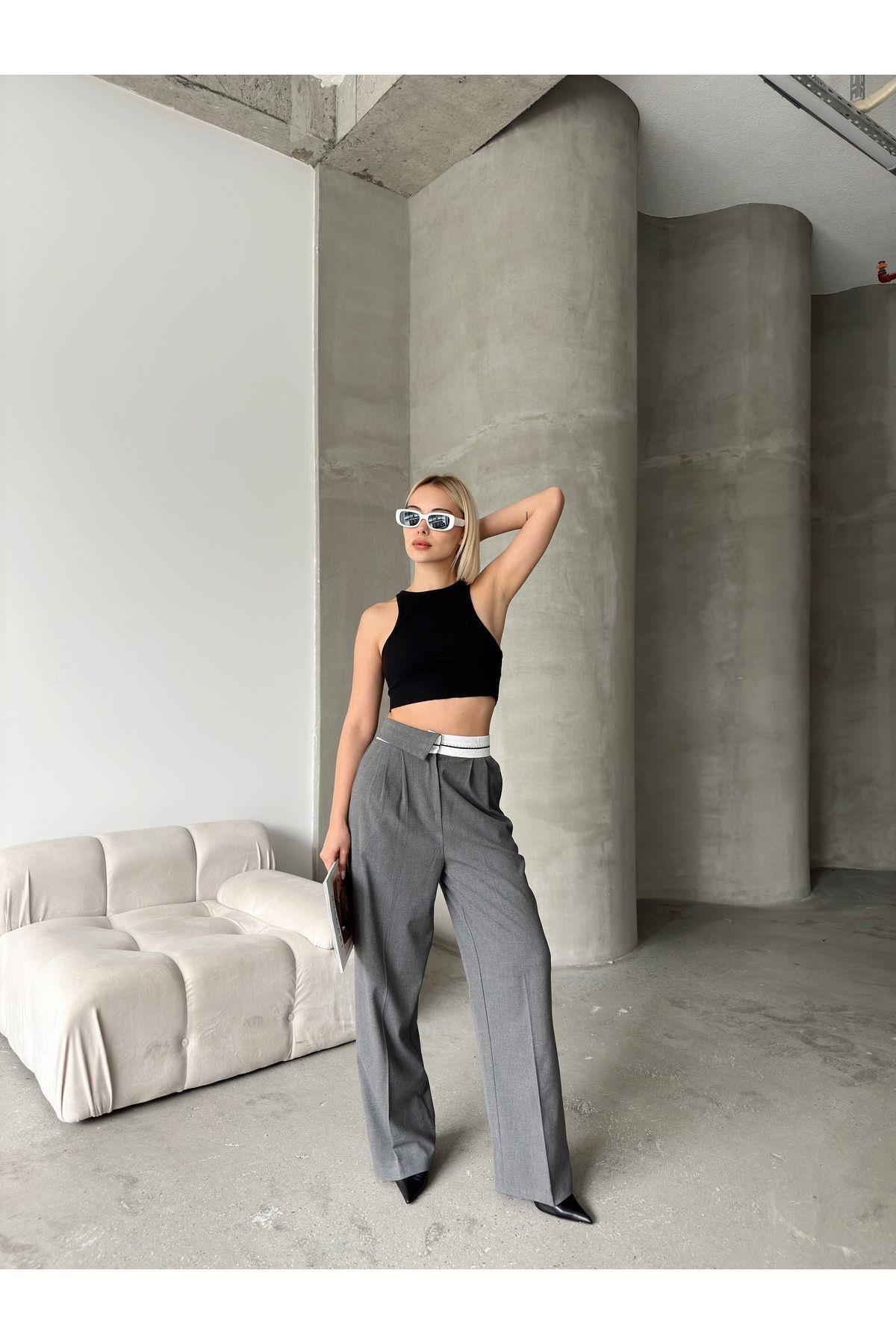Asymmetric Belt Wide Leg Poly-Viscose Trousers