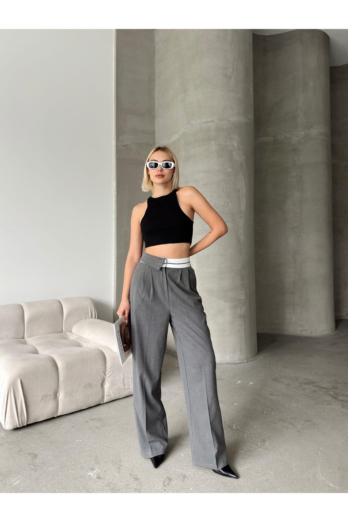 Asymmetric Belt Wide Leg Poly-Viscose Trousers