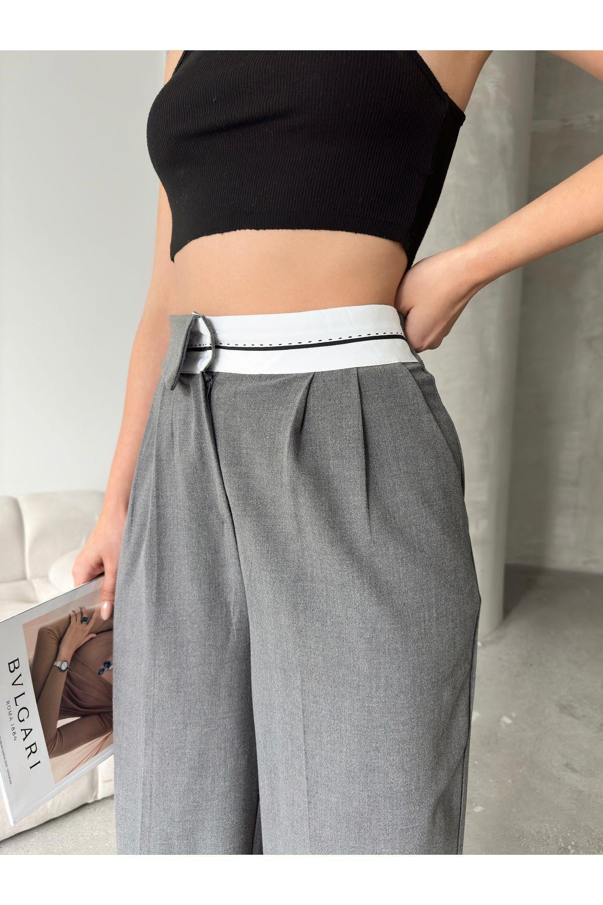 Asymmetric Belt Wide Leg Poly-Viscose Trousers
