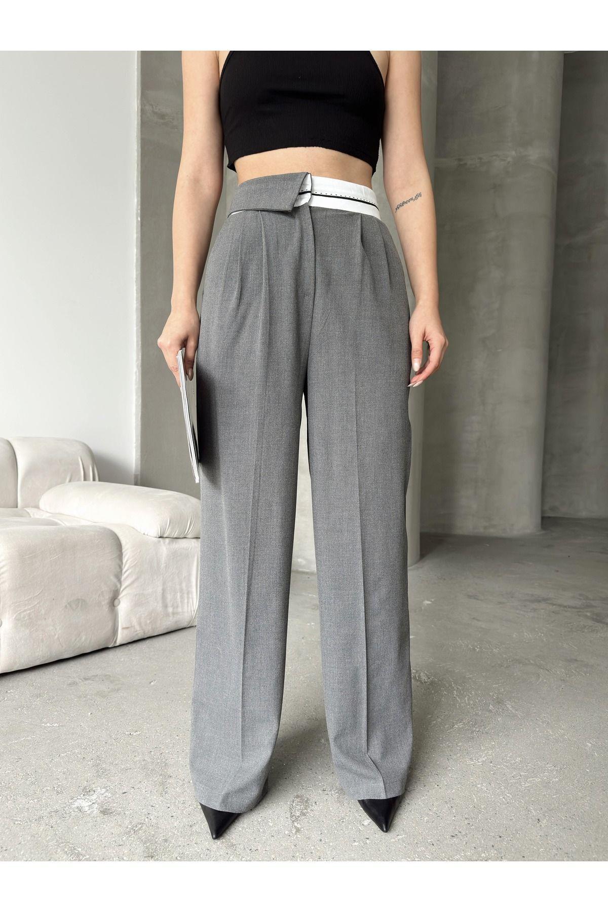 Asymmetric Belt Wide Leg Poly-Viscose Trousers