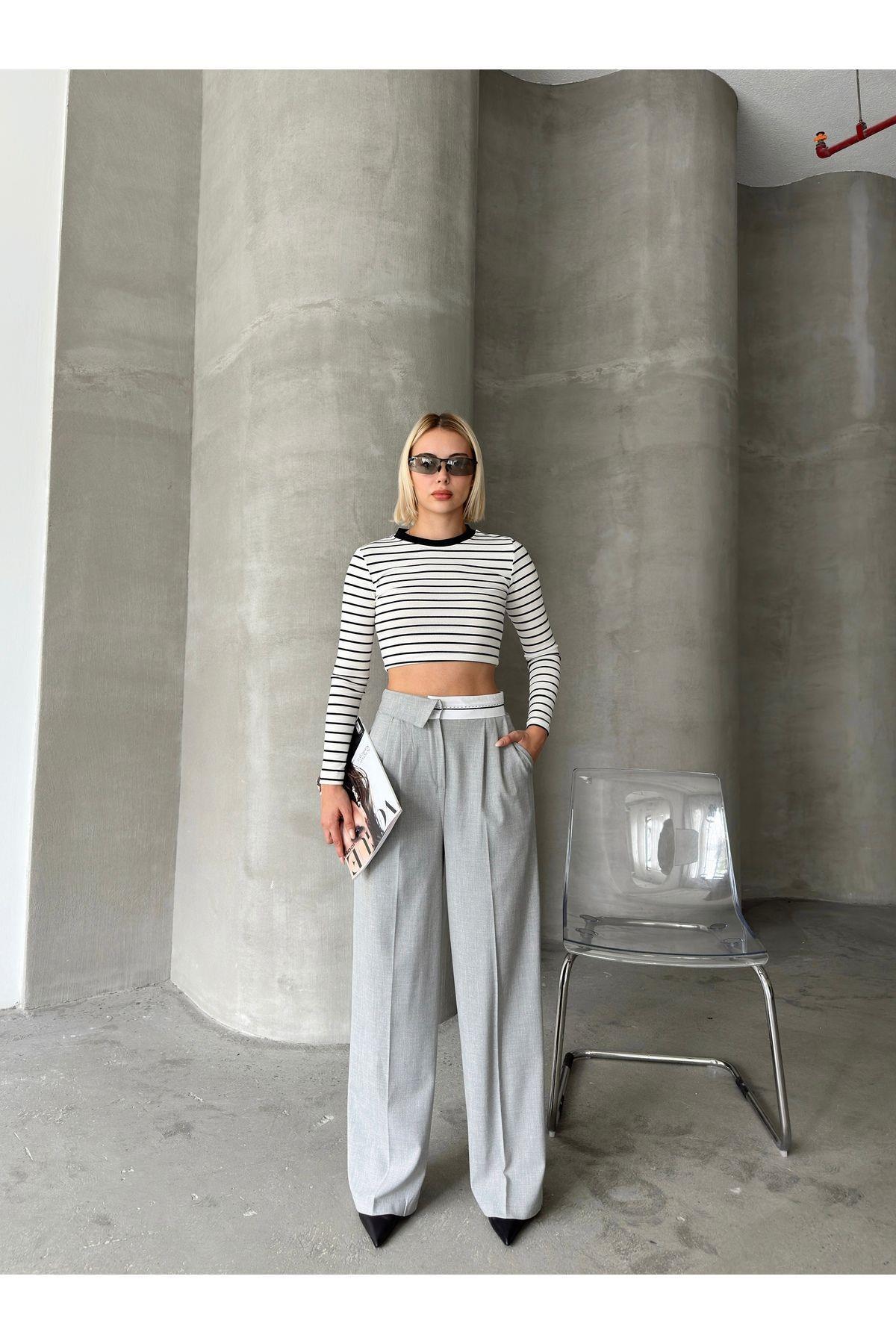 Asymmetric Belt Wide Leg Poly-Viscose Trousers