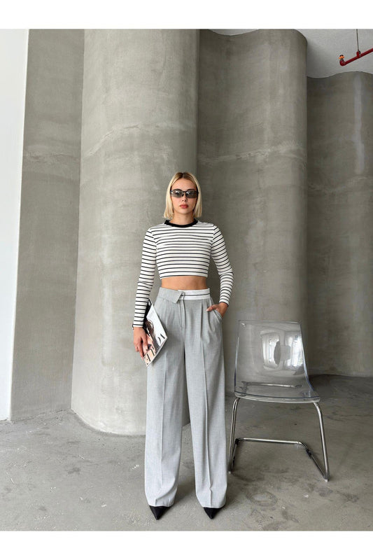 Asymmetric Belt Wide Leg Poly-Viscose Trousers