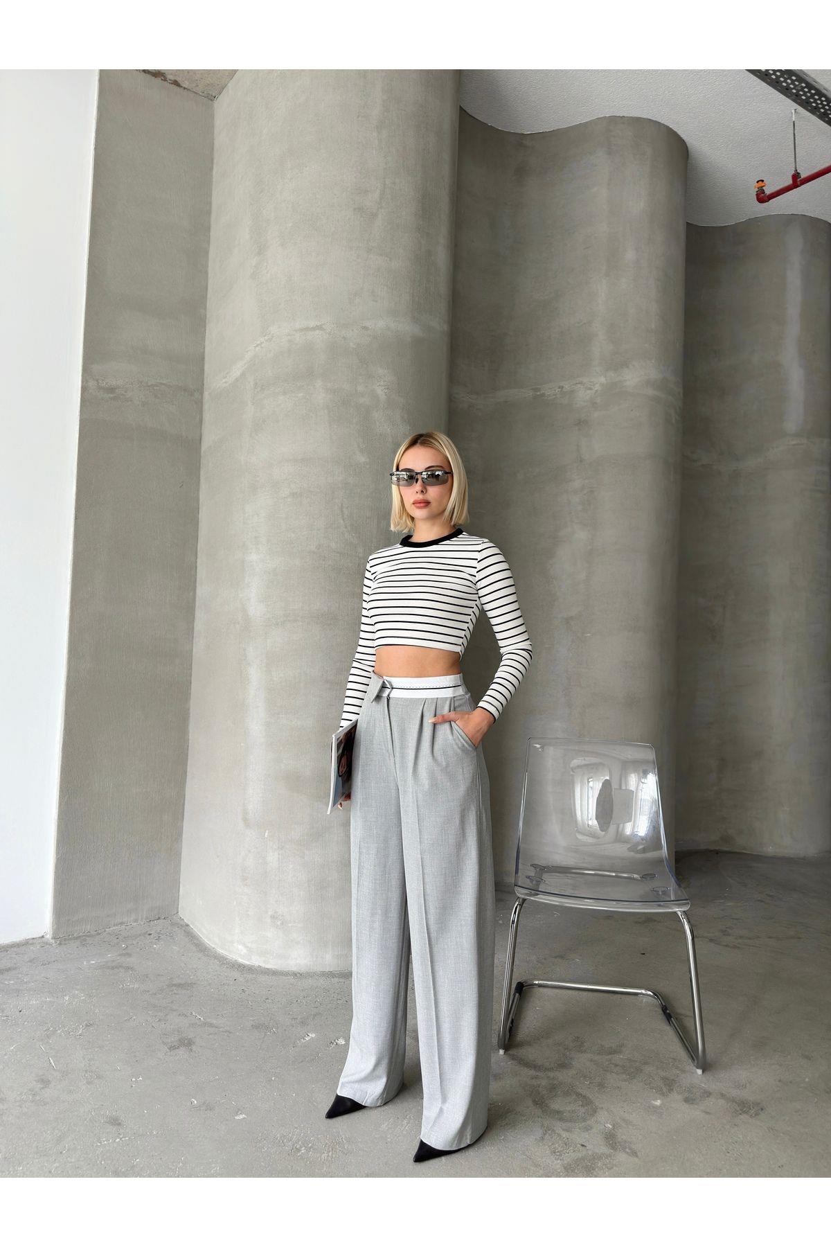 Asymmetric Belt Wide Leg Poly-Viscose Trousers