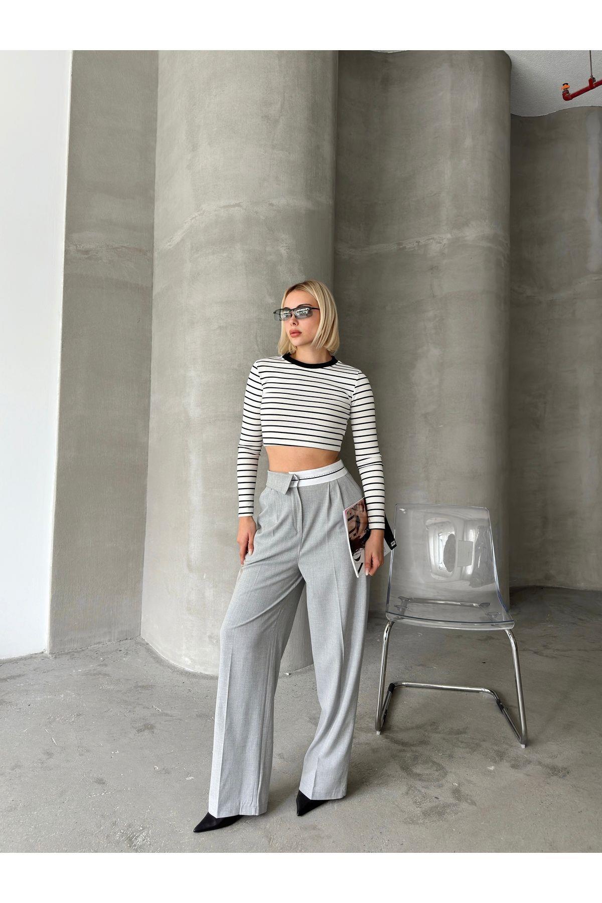 Asymmetric Belt Wide Leg Poly-Viscose Trousers