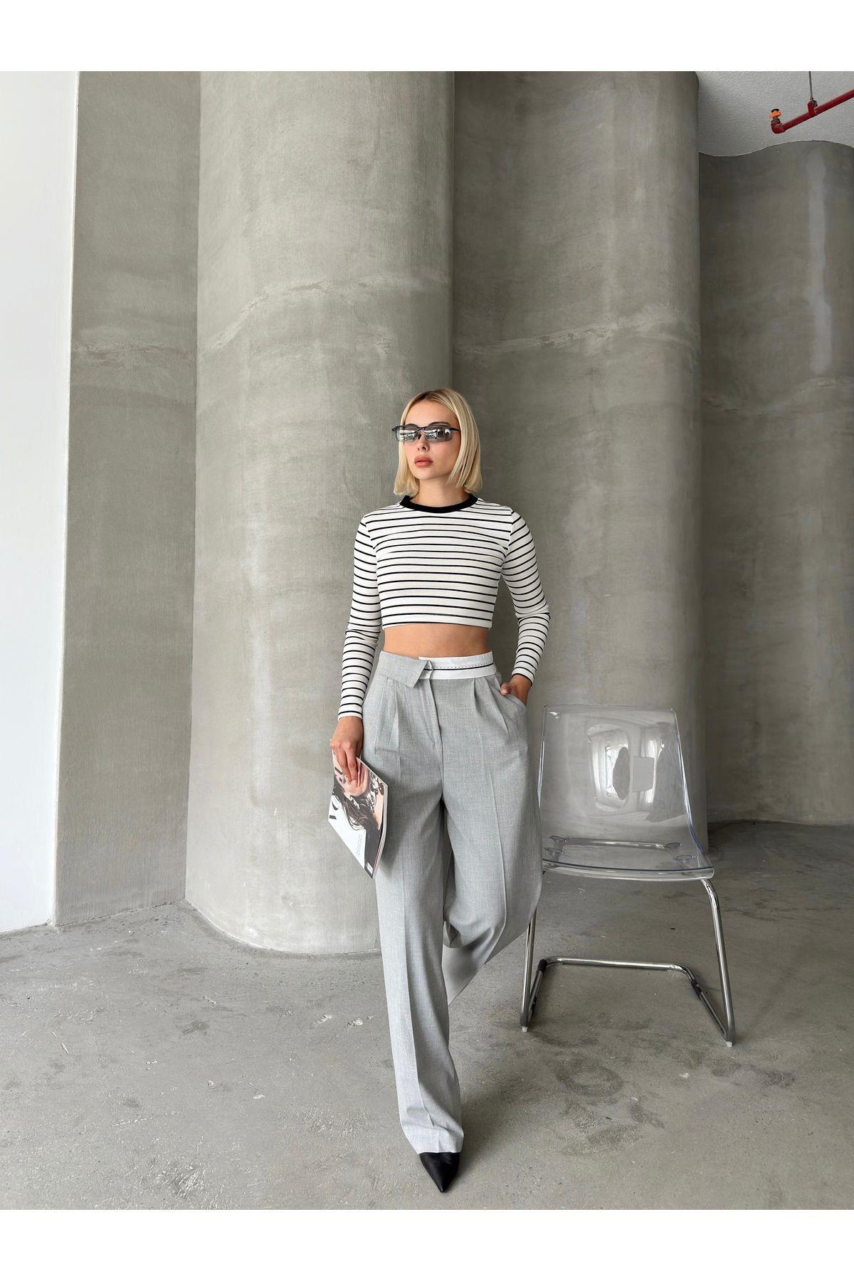 Asymmetric Belt Wide Leg Poly-Viscose Trousers