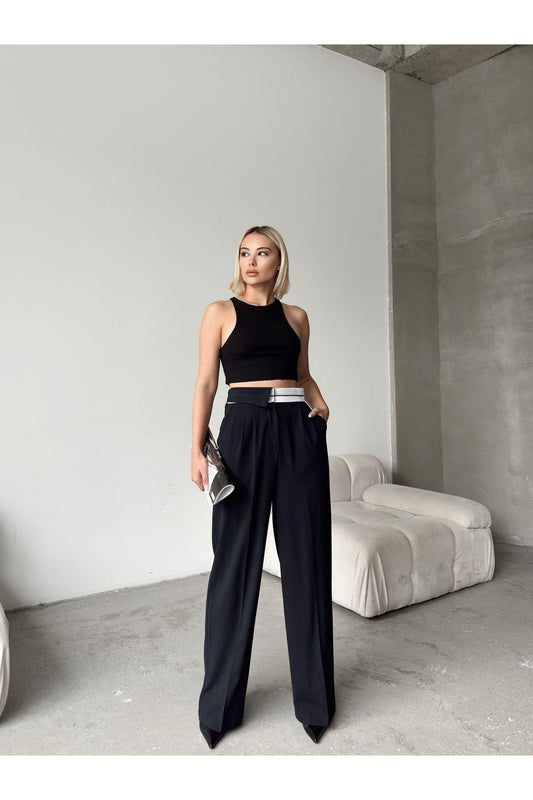 Asymmetric Belt Wide Leg Poly-Viscose Trousers