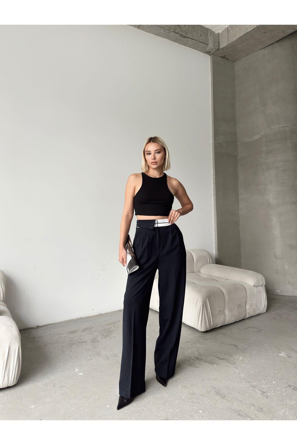 Asymmetric Belt Wide Leg Poly-Viscose Trousers