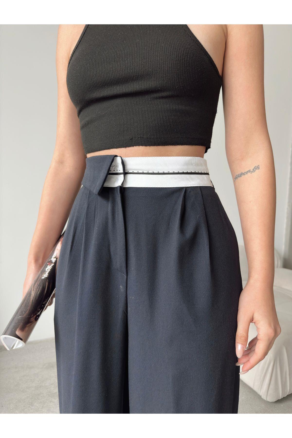 Asymmetric Belt Wide Leg Poly-Viscose Trousers