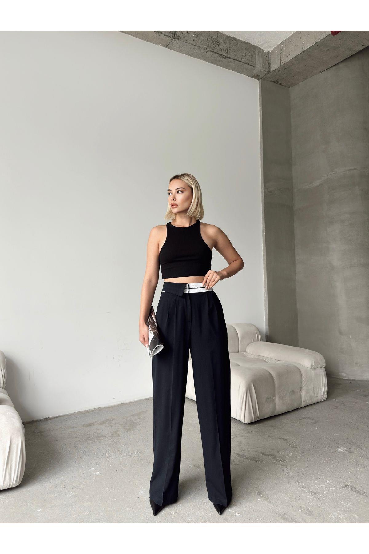 Asymmetric Belt Wide Leg Poly-Viscose Trousers