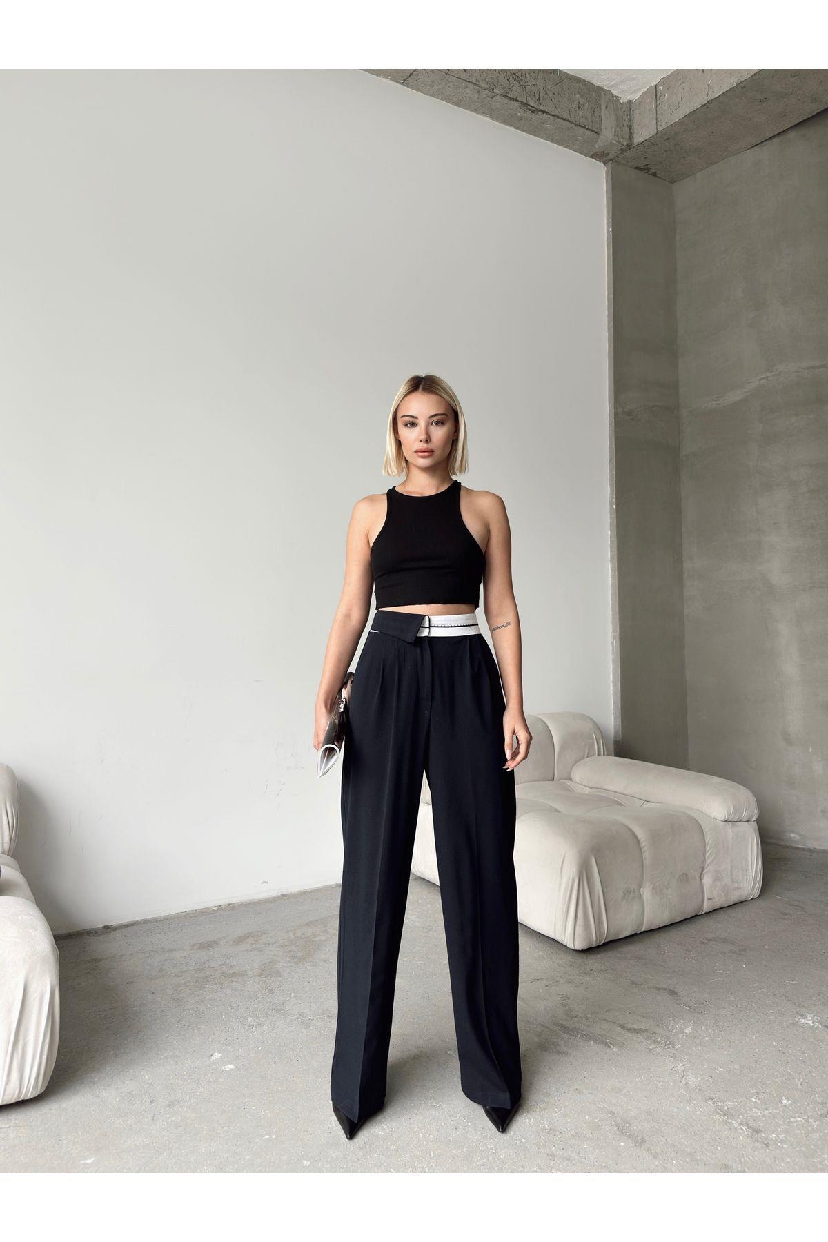 Asymmetric Belt Wide Leg Poly-Viscose Trousers