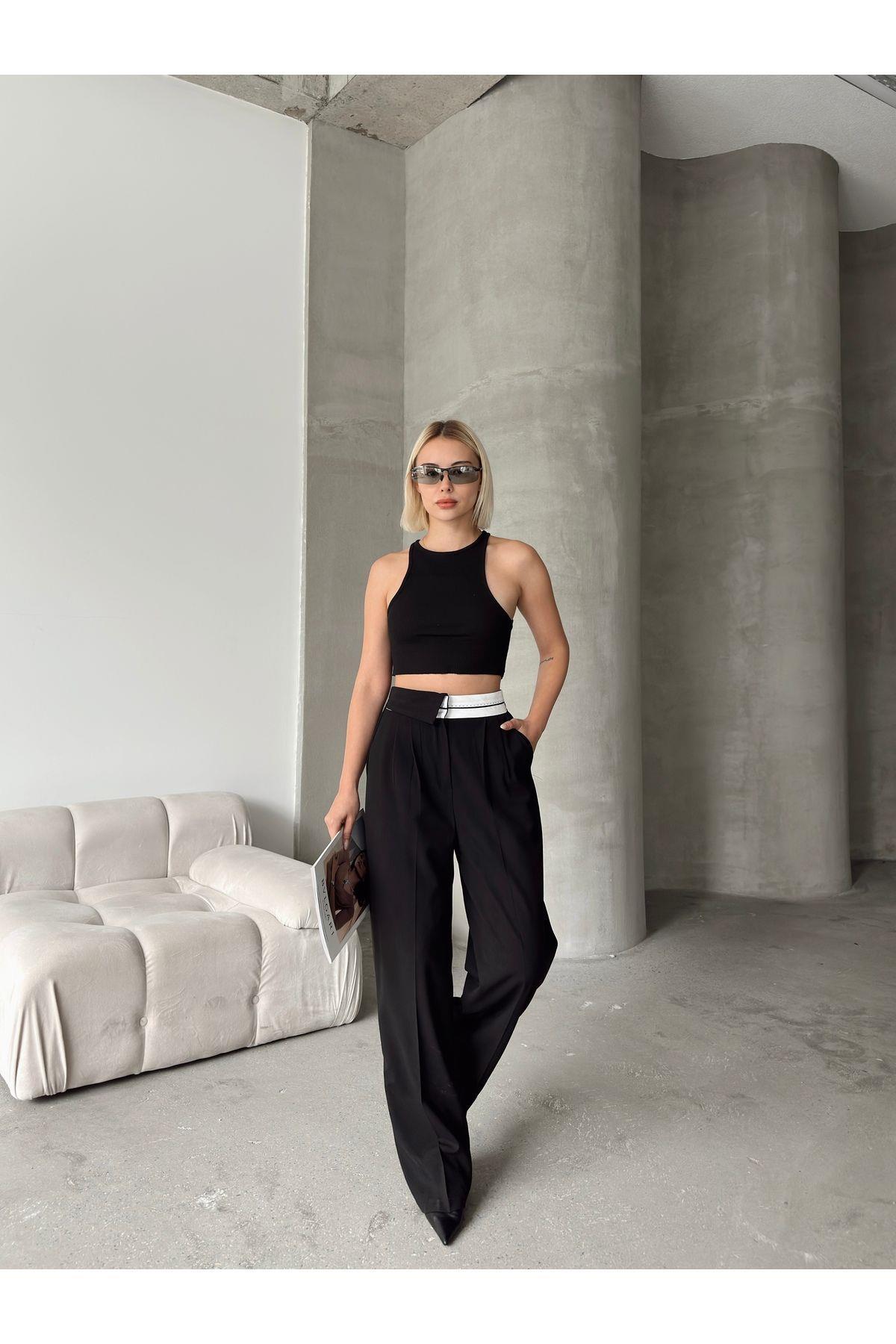 Asymmetric Belt Wide Leg Poly-Viscose Trousers