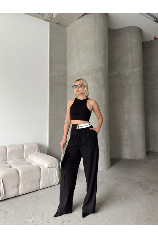Asymmetric Belt Wide Leg Poly-Viscose Trousers