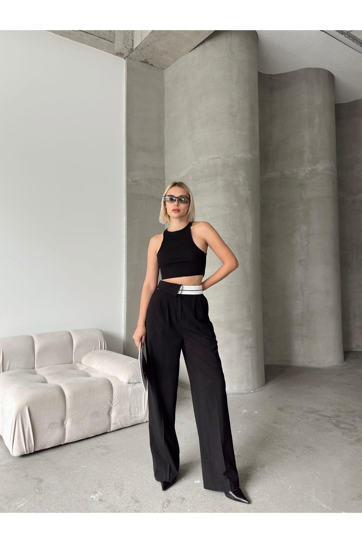 Asymmetric Belt Wide Leg Poly-Viscose Trousers