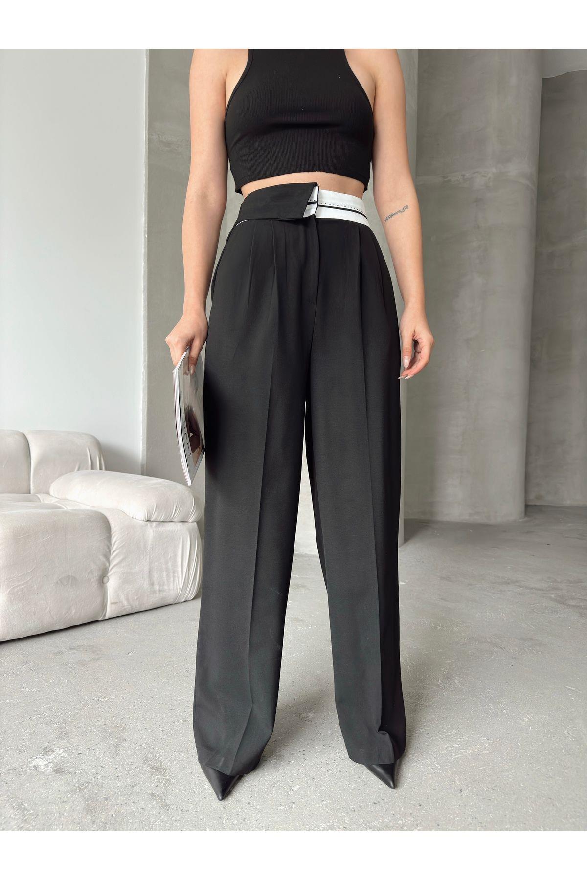Asymmetric Belt Wide Leg Poly-Viscose Trousers