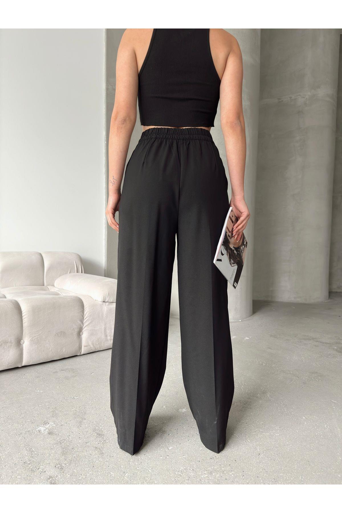 Asymmetric Belt Wide Leg Poly-Viscose Trousers